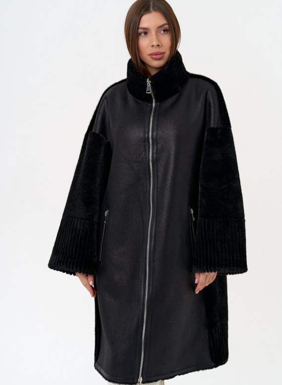 Женская двухсторонняя дубленка из эко замши с воротником стойкой