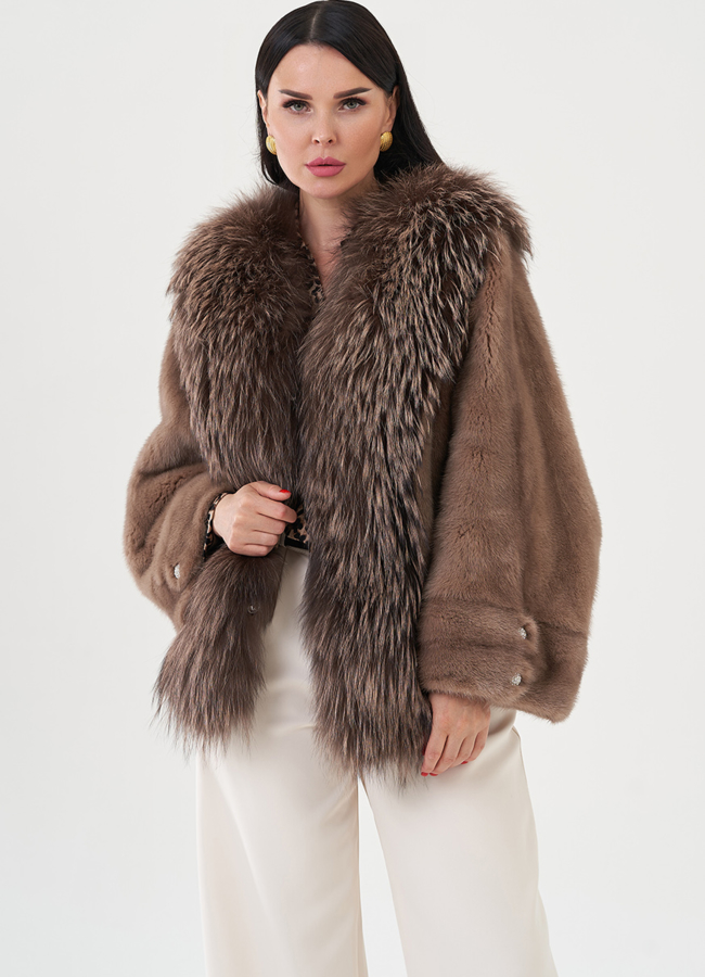 Куртка из норки с отделкой из меха чернобурки  модель № 24740 меха малина