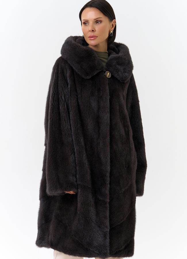 Шуба из норки с капюшоном модель № 31176 меха малина