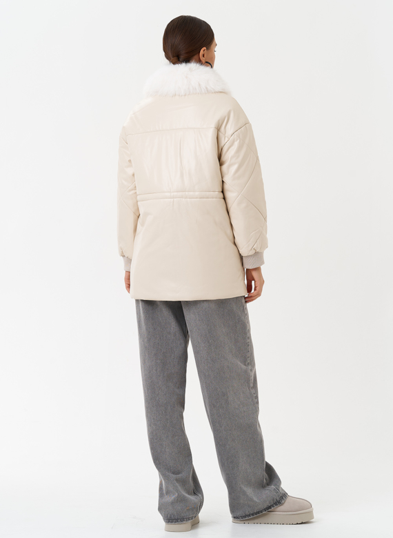 Пуховик из эко кожи с мехом песца