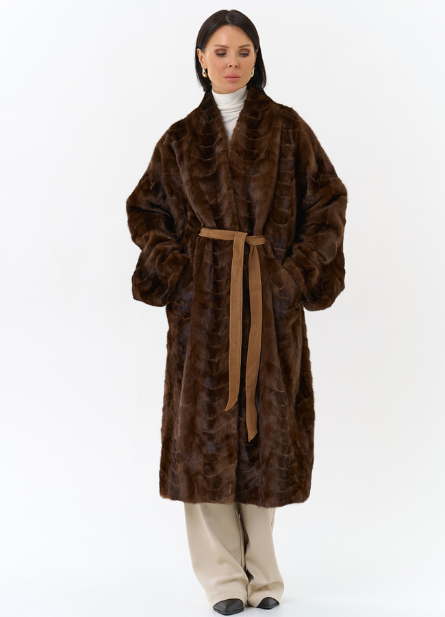 Шуба из меха норки с поясом модель № 31184 в кредит