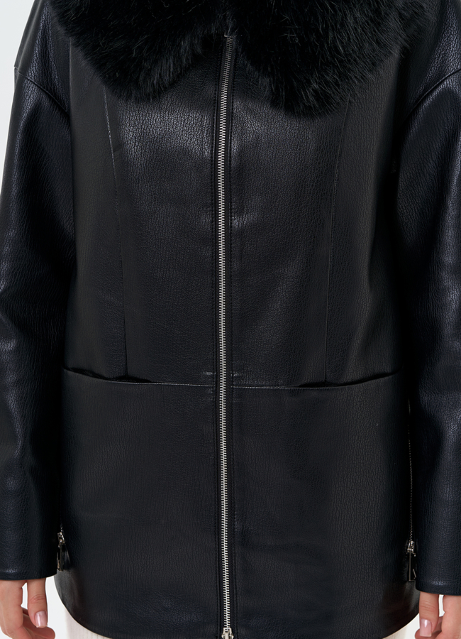 Женская утепленная куртка из эко кожи с капюшоном из эко меха модель № 31495 универмаг малина