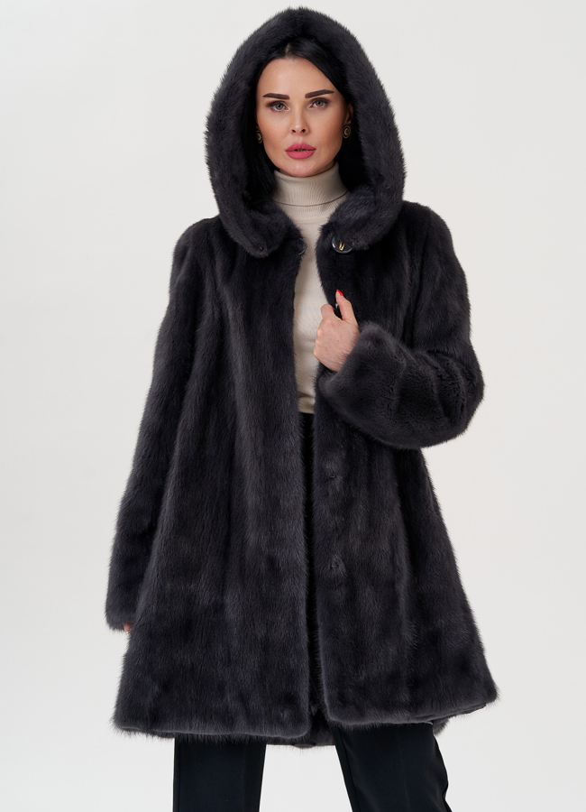 Норковая шуба балетка, в цвете графит с капюшоном модель № 25006 универмаг малина