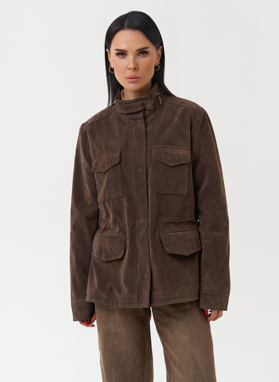 Женская парка из эко замши коричневого цвета