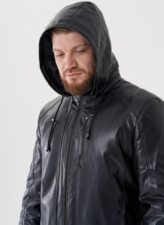 Мужская куртка из эко кожи с капюшоном 