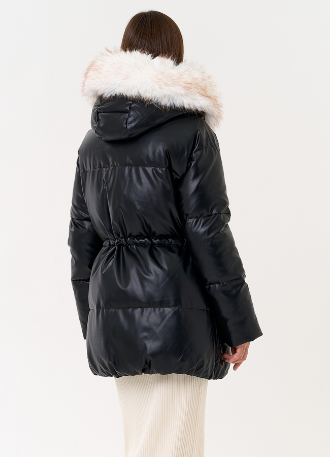 Женский пуховик из эко кожи с отделкой из эко меха модель № 30734 в кредит