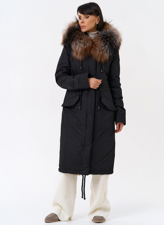Женская парка с капюшоном из меха чернобурой лисы фото
