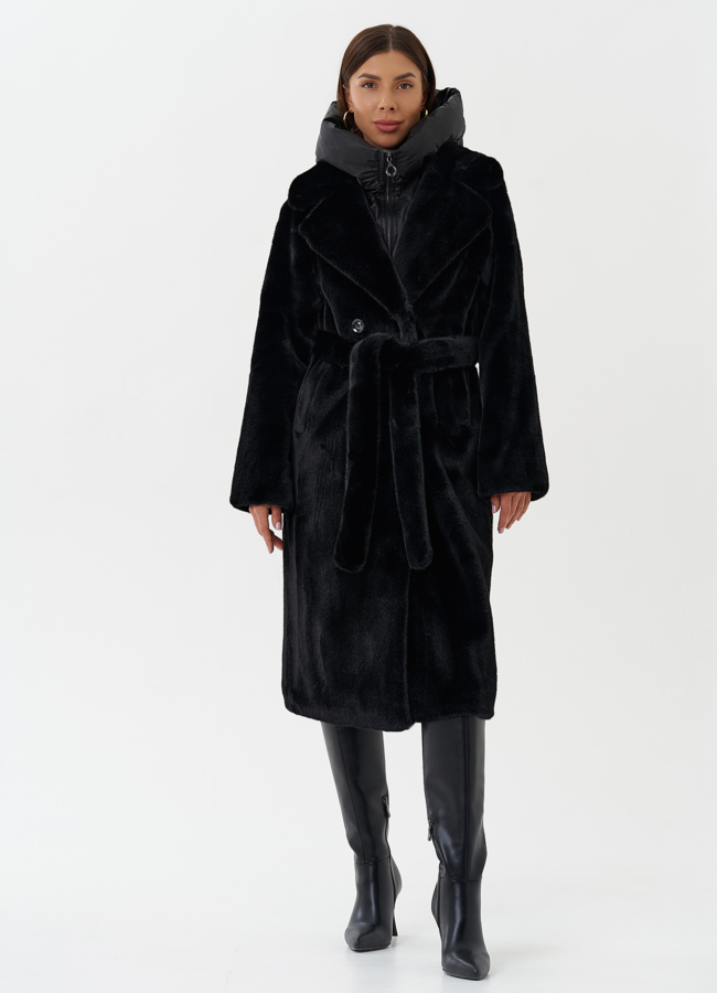 Женское пальто из экомеха с капюшоном модель № 28641 меха малина