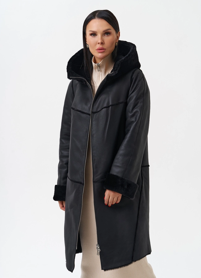 Натуральная дубленка с капюшоном модель № 28958 универмаг малина