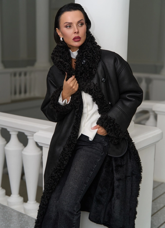 Женская дубленка из эко замши с поясом модель № 31280 в кредит