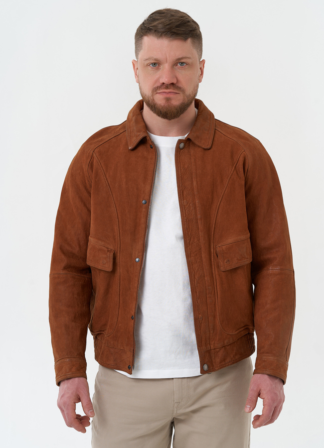 Мужская куртка из натуральной кожи  модель № 30063 меха малина