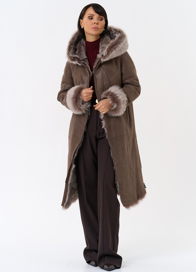 Женская натуральная дубленка с капюшоном модель № 31931 универмаг малина