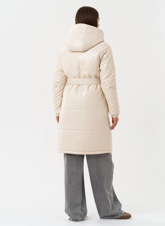 Пуховик из эко кожи с капюшоном