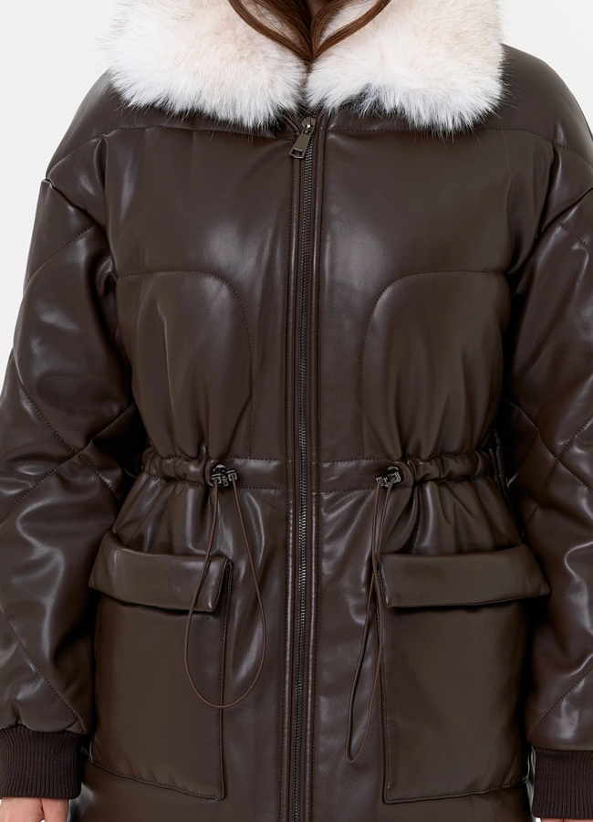 Женский пуховик из эко кожи с воротником из эко меха модель № 30722 универмаг малина