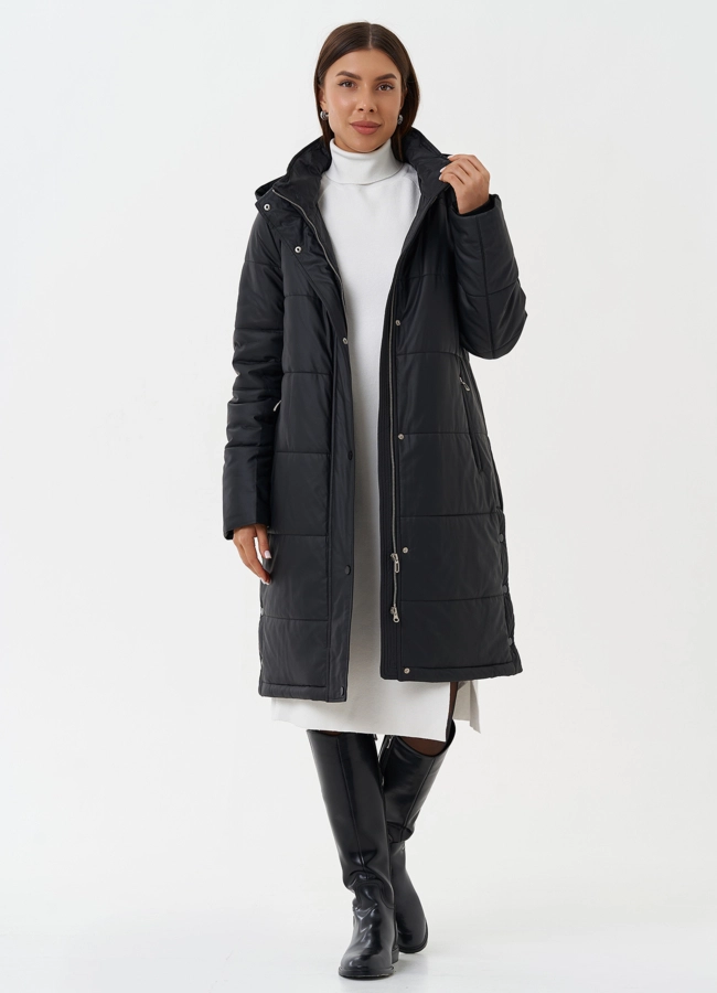 Пуховик из эко кожи с капюшоном модель № 27729 универмаг малина