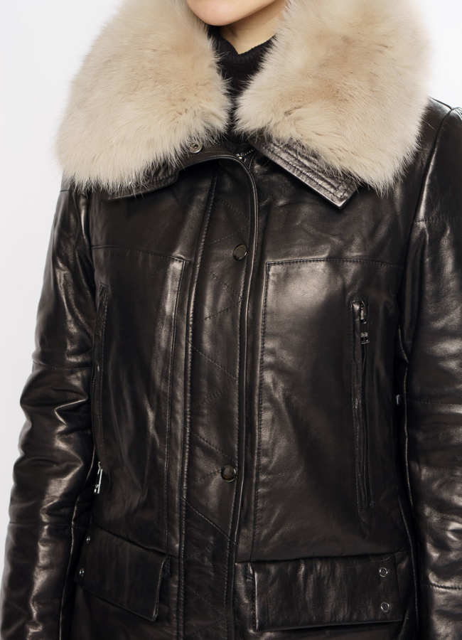 Пуховик из натуральной кожи на молнии черного цвета модель № 917 универмаг малина