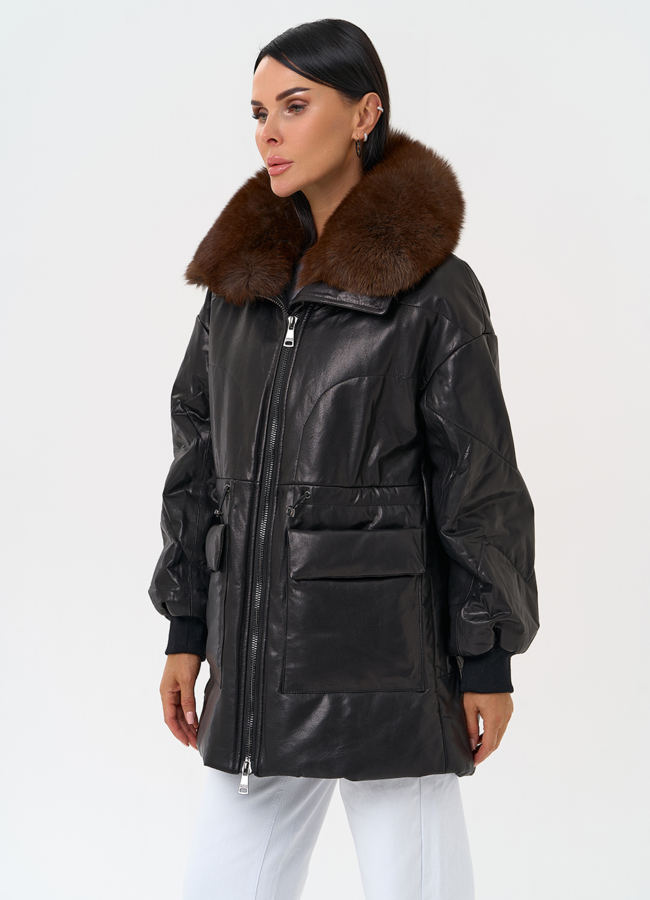 Полупальто из натуральной кожи с мехом песца модель № 76614 универмаг малина