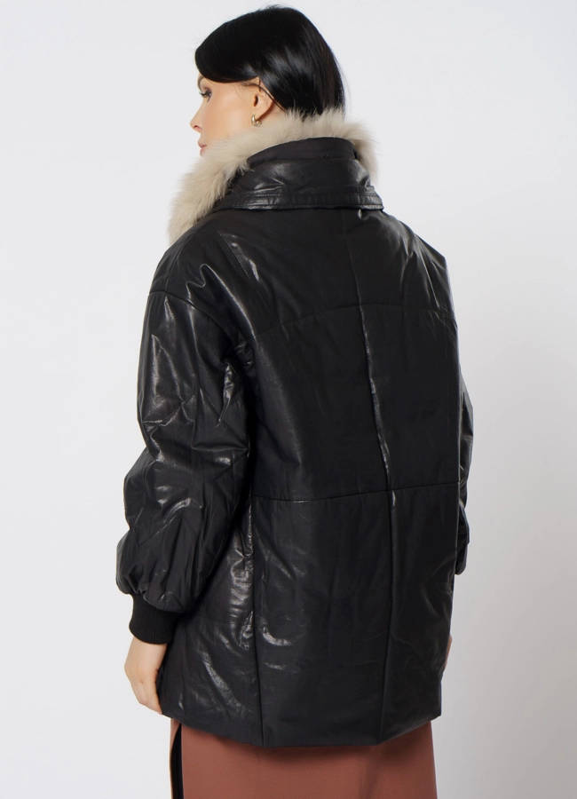 Утепленная кожаная куртка с песцом модель № 21796 в кредит