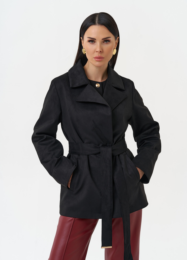 Женская куртка из эко замши с английским воротником модель № 30055 меха малина