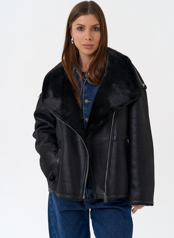 Женская дубленка из эко замши в черном цвете