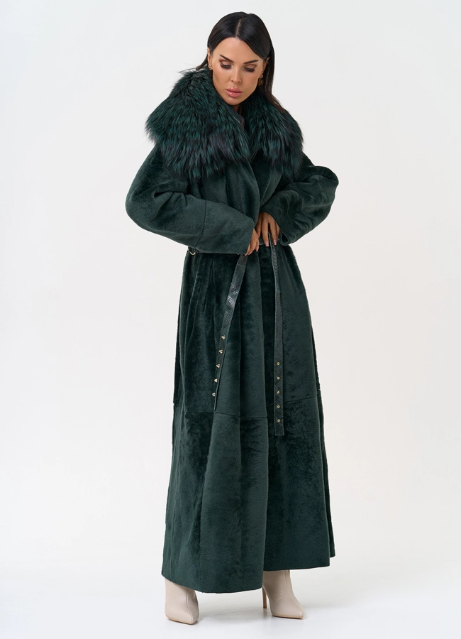 Женская двусторонняя дубленка из меха овчины Cortos с поясом из кожи питона модель № 31400 универмаг малина