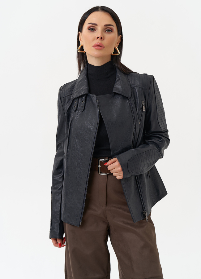 Куртка косуха из натуральной кожи модель № 10636 меха малина