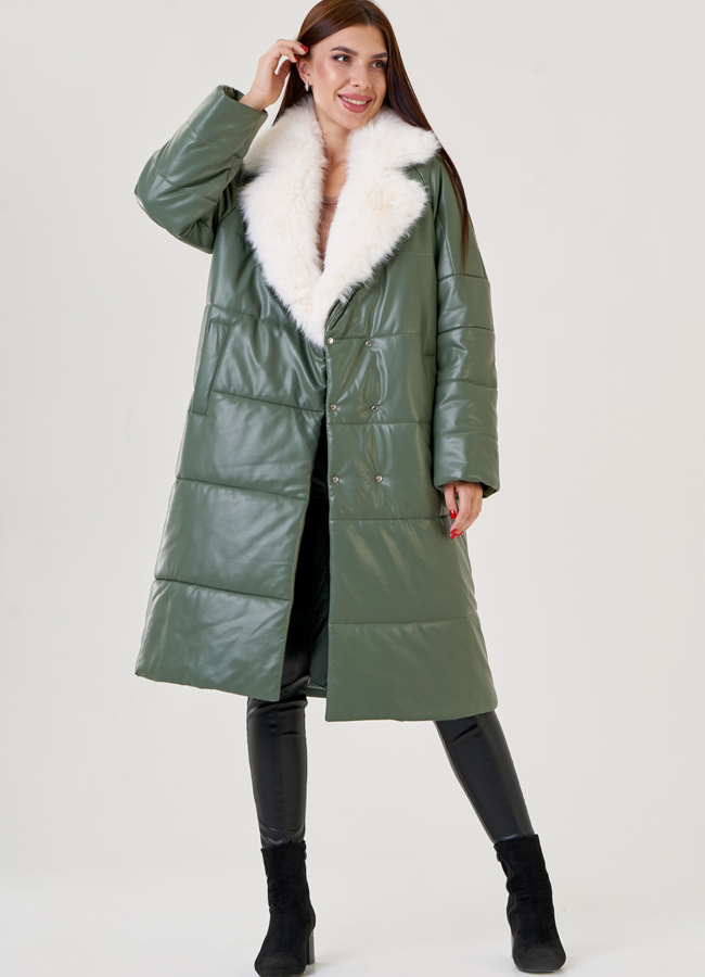 Женский классический пуховик Malina Siberian из эко кожи в зеленом цвете модель № 23365 универмаг малина
