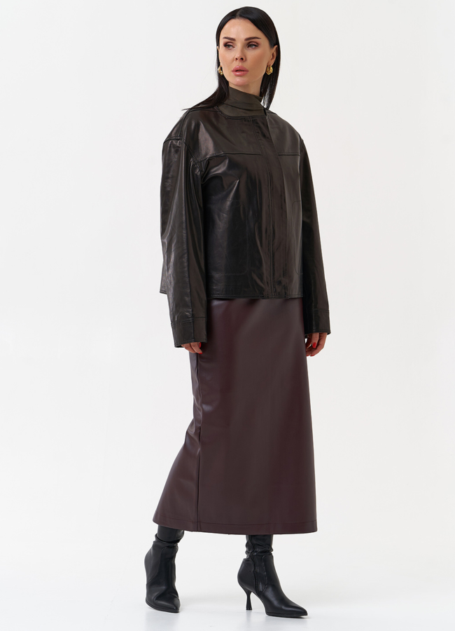 фото Женская кожаная куртка без воротника модель № 29919