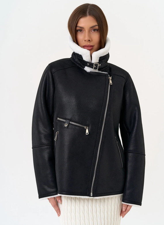 Женская дубленка из эко замши черного цвета